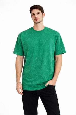 DE'CHARME Erkek Asit Yıkama Bisiklet Yaka Kısa Kollu Oversize T-Shirt Tişört - Yeşil