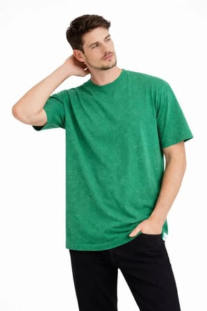 DE'CHARME Erkek Asit Yıkama Bisiklet Yaka Kısa Kollu Oversize T-Shirt Tişört - Yeşil