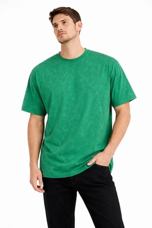 DE'CHARME Erkek Asit Yıkama Bisiklet Yaka Kısa Kollu Oversize T-Shirt Tişört - Yeşil