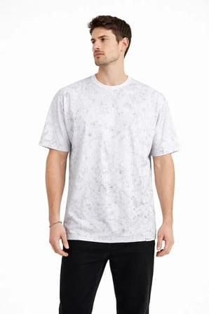 DE'CHARME Erkek Asit Yıkama Bisiklet Yaka Kısa Kollu Oversize T-Shirt Tişört - Beyaz
