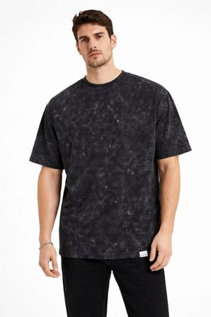 DE'CHARME Erkek Asit Yıkama Bisiklet Yaka Kısa Kollu Oversize T-Shirt Tişört - Siyah