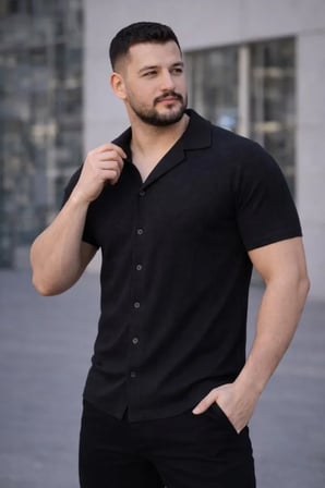 DE'CHARME Erkek Waffle Kumaş Kısa Kollu Düğmeli Açık Yaka Regular Fit Gömlek - Siyah