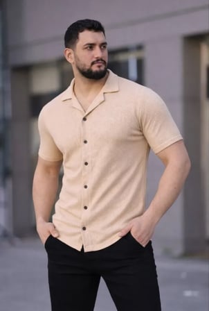 DE'CHARME Erkek Waffle Kumaş Kısa Kollu Düğmeli Açık Yaka Regular Fit Gömlek - Bej