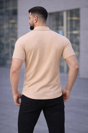 DE'CHARME Erkek Waffle Kumaş Kısa Kollu Düğmeli Açık Yaka Regular Fit Gömlek - Bej