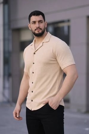 DE'CHARME Erkek Waffle Kumaş Kısa Kollu Düğmeli Açık Yaka Regular Fit Gömlek - Bej