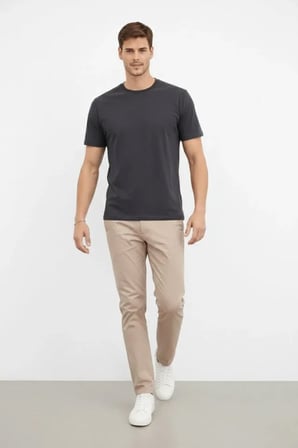 DE'CHARME Erkek Bisiklet Yaka Tişört Regular Kalıp Basic Pamuklu Günlük Kullanım T-shirt - Füme