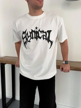 DE'CHARME Erkek Bisiklet Yaka Ön Baskılı Kısa Kollu Tişört Streetwear Günlük Basic Pamuklu T-shirt - Beyaz