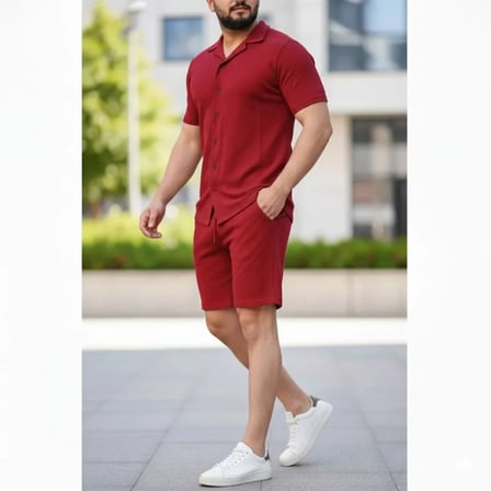DE'CHARME Erkek Waffle Kumaş Kısa Kollu Gömlek Şort Takım Regular Fit Yazlık İkili Set - Bordo
