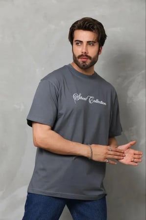 DE'CHARME Erkek Baskılı T-Shirt Kısa Kol Bisiklet Yaka Regular Fit Rahat Kalıp Günlük Tişört - Füme