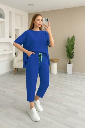 DE'CHARME Kadın Kısa Kollu Bisiklet Yaka Viskon Iki Iplik Bluz Ve Pantolon Ikili Takım