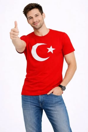 DE'CHARME Erkek T-Shirt Kısa Kol Bisiklet Yaka Ay Yıldız Bayrak Baskılı Tişört - Kırmızı