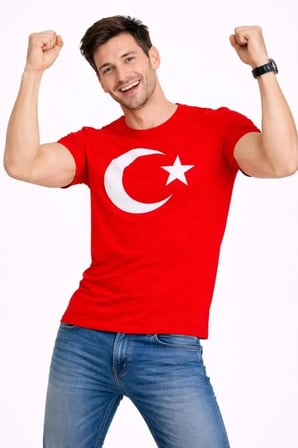 DE'CHARME Erkek T-Shirt Kısa Kol Bisiklet Yaka Ay Yıldız Bayrak Baskılı Tişört - Kırmızı