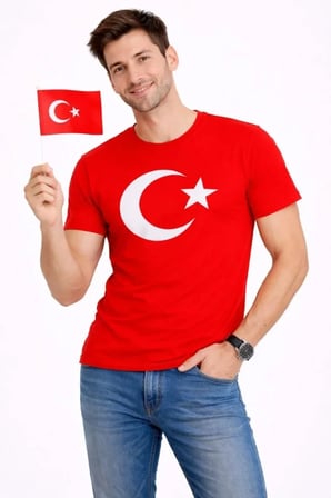 DE'CHARME Erkek T-Shirt Kısa Kol Bisiklet Yaka Ay Yıldız Bayrak Baskılı Tişört - Kırmızı
