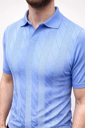 DE'CHARME Erkek Yazlık Triko Dokuma Tişört Kısa Kol Polo Yaka T-Shirt - Bebek Mavisi