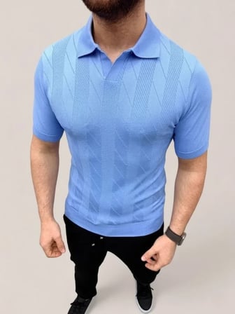 DE'CHARME Erkek Yazlık Triko Dokuma Tişört Kısa Kol Polo Yaka T-Shirt - Bebek Mavisi