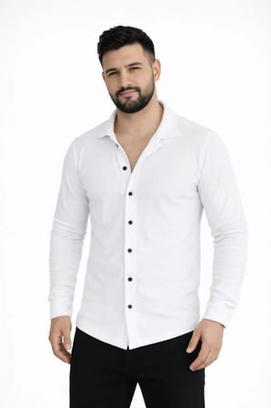 DE'CHARME Erkek Waffle Kumaş Uzun Kollu Düğmeli Açık Yaka Regular Fit Gömlek - Beyaz