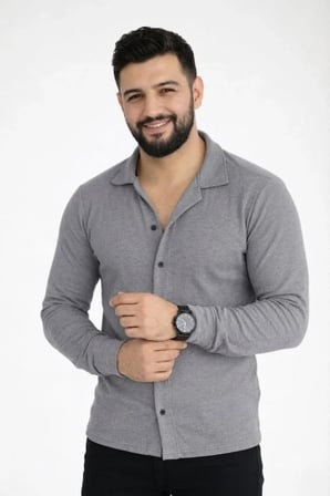 DE'CHARME Erkek Waffle Kumaş Uzun Kollu Düğmeli Açık Yaka Regular Fit Gömlek - Füme
