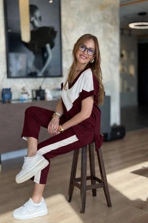 DE'CHARME Kadın Kısa Kollu V Yakalı çift Renkli Viskon Iki Iplik Ikili Bluz Ve Pantolon Takım