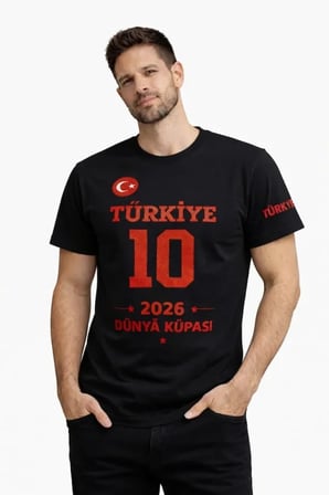 DE'CHARME Erkek TÜRKİYE Baskılı Tişört 2026 Dünya Kupası Taraftar Forma T-Shirt - Siyah