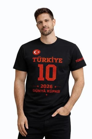 DE'CHARME Erkek TÜRKİYE Baskılı Tişört 2026 Dünya Kupası Taraftar Forma T-Shirt - Siyah