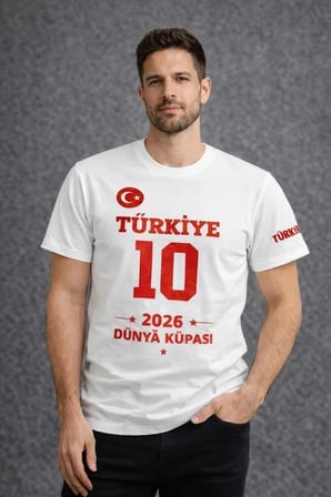 DE'CHARME Erkek TÜRKİYE Baskılı Tişört 2026 Dünya Kupası Taraftar Forma T-Shirt - Beyaz