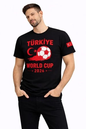 DE'CHARME Erkek Türkiye World Cup 2026 Baskılı Tişört Futbol Temalı Forma T-Shirt - Siyah