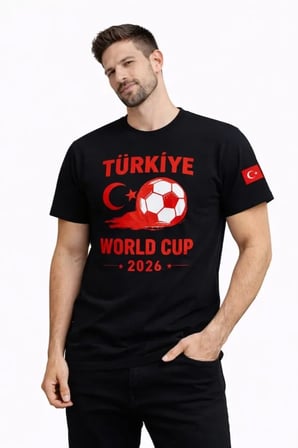 DE'CHARME Erkek Türkiye World Cup 2026 Baskılı Tişört Futbol Temalı Forma T-Shirt - Siyah