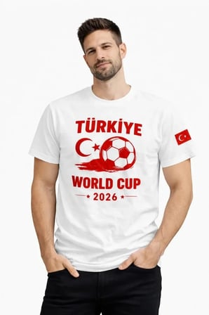 DE'CHARME Erkek Türkiye World Cup 2026 Baskılı Tişört Futbol Temalı Forma T-Shirt - Beyaz