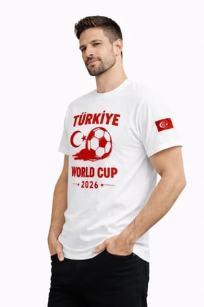 DE'CHARME Erkek Türkiye World Cup 2026 Baskılı Tişört Futbol Temalı Forma T-Shirt - Beyaz