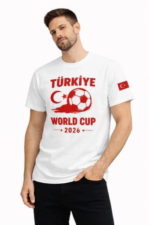 DE'CHARME Erkek Türkiye World Cup 2026 Baskılı Tişört Futbol Temalı Forma T-Shirt - Beyaz