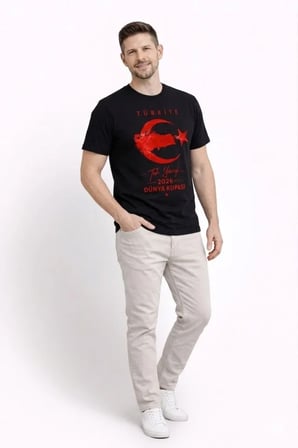 DE'CHARME Erkek TÜRKİYE Ay Yıldız Baskılı Taraftar Forma T-Shirt - Siyah