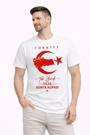DE'CHARME Erkek TÜRKİYE Ay Yıldız Baskılı Taraftar Forma T-Shirt - Beyaz