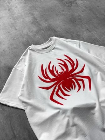 DE'CHARME Erkek Örümcek Baskılı Tişört Kısa Kollu Bisiklet Yaka T-Shirt - Beyaz