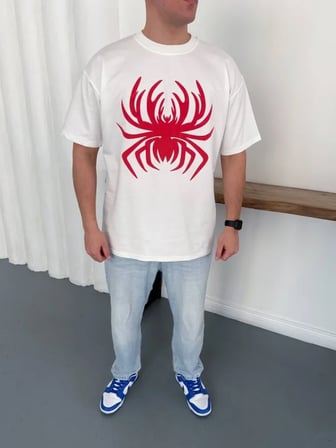 DE'CHARME Erkek Örümcek Baskılı Tişört Kısa Kollu Bisiklet Yaka T-Shirt - Beyaz