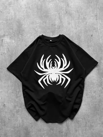 DE'CHARME Erkek Örümcek Baskılı Tişört Kısa Kollu Bisiklet Yaka T-Shirt - Siyah