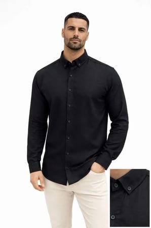 DE'CHARME Erkek KETEN Kumaş Oversize Uzun Kollu Rahat Kalıp Gömlek - Siyah