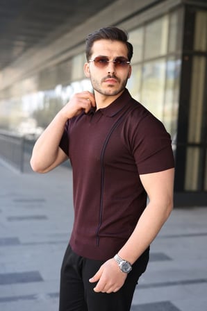 DE'CHARME Erkek Çizgi Detaylı Yakalı Triko Tişört