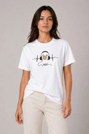 DE'CHARME Müzik Temalı Baskılı Tişört Bisiklet Yaka Kısa Kol T-Shirt - Beyaz