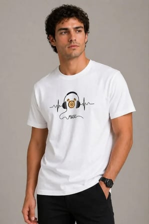 DE'CHARME Erkek Müzik Temalı Baskılı Tişört Bisiklet Yaka Kısa Kol T-Shirt - Beyaz