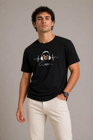 DE'CHARME Erkek Müzik Temalı Baskılı Tişört Bisiklet Yaka Kısa Kol T-Shirt - Siyah