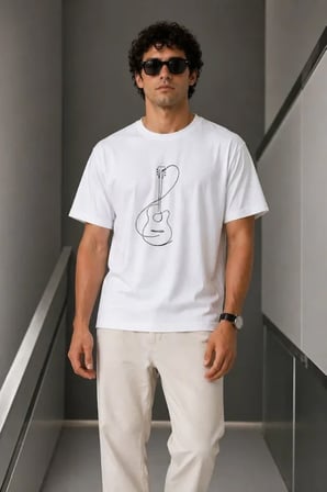 DE'CHARME Erkek Minimal Gitar Baskılı Tişört T-Shirt Yazlık Kısa Kol Bisiklet Yaka T-Shirt - Beyaz