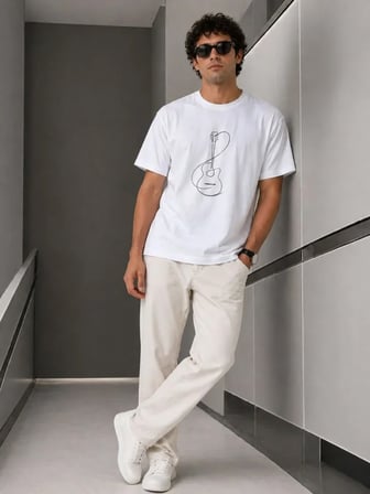 DE'CHARME Erkek Minimal Gitar Baskılı Tişört T-Shirt Yazlık Kısa Kol Bisiklet Yaka T-Shirt - Beyaz