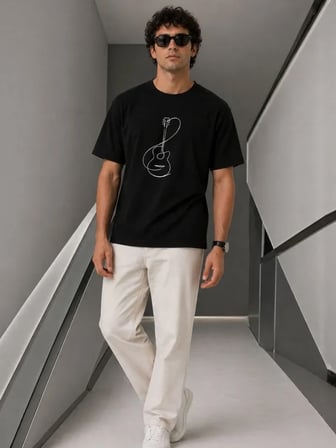 DE'CHARME Erkek Minimal Gitar Baskılı Tişört T-Shirt Yazlık Kısa Kol Bisiklet Yaka T-Shirt - Siyah
