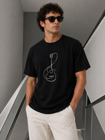 DE'CHARME Erkek Minimal Gitar Baskılı Tişört T-Shirt Yazlık Kısa Kol Bisiklet Yaka T-Shirt - Siyah