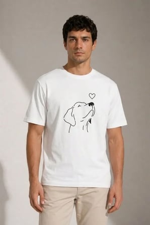 DE'CHARME Erkek Köpek Figürlü Minimal Baskılı Tişört Kısa Kol Yazlık T-Shirt - Beyaz