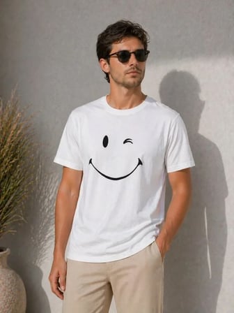 DE'CHARME Erkek Minimal Gülümseyen Yüz Baskılı Tişört Kısa Kol Yazlık T-Shirt - Beyaz