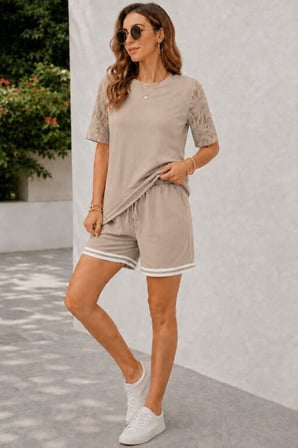 DE'CHARME Kadın Kısa Kollu Bisiklet Yakalı Waffle Bluz Ve Short Ikili Takım