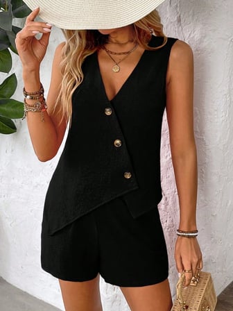 DE'CHARME Kadın Askılı önü Düğmeli Asimetrik Detaylı Bluz Ve Astarlı Short Ikili Takım