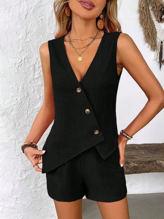 DE'CHARME Kadın Askılı önü Düğmeli Asimetrik Detaylı Bluz Ve Astarlı Short Ikili Takım