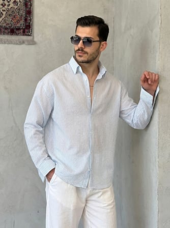 DE'CHARME Erkek İnce Çizgili Gofre Kumaş Rahat Kalıp Gömlek